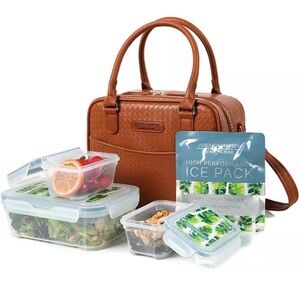 Stylish Lunch Bag with Shoulder Strap, Faux Leather Insulated Tote, Dual Handles